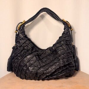Lockheart Twin Pleats Basil Black Leather Hobo Bag